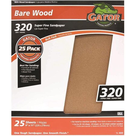 GATOR FINISHING 9 x 11 in 320 Grit Bare Wood Sandpaper Garnet 3314